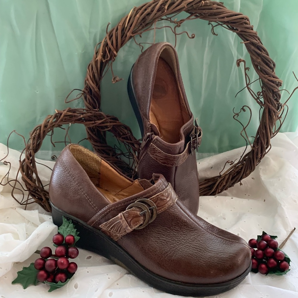 Nurture Brown Leather Clogs with Tooled Leather Buckled Strap